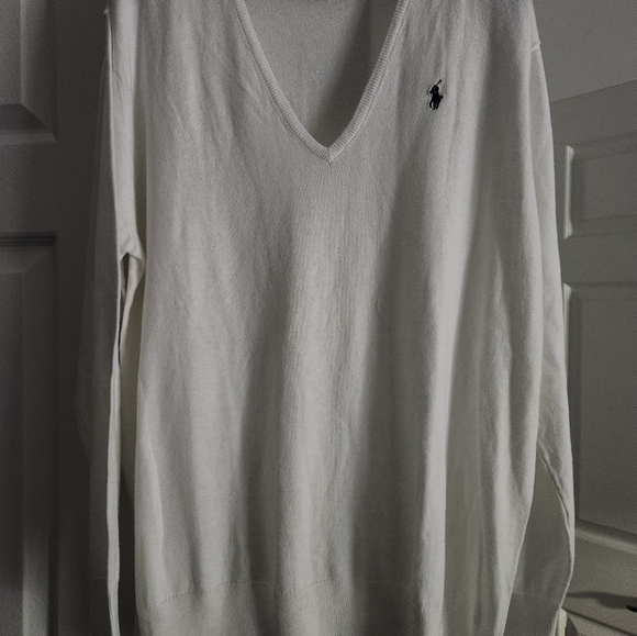 Ralph Lauren Sport White V-Neck Cotton Sweater Navy Blue Pony XL - Picture 3 of 7